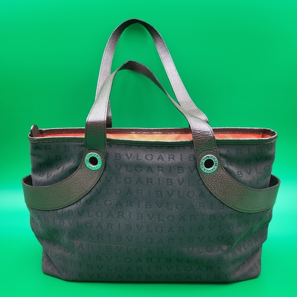 Bvlgari Brown Leather Canvas Shoulder Tote Bag..Authentic w/COA.